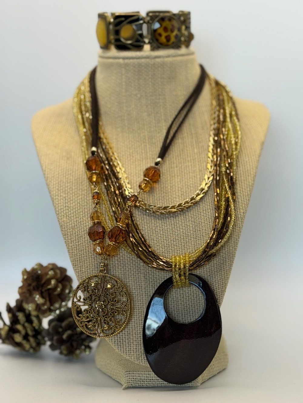 Bundle of 4- Multi-Strand Brown and Gold Pendant Necklace with Filigree Charm - - Picture 4 of 10